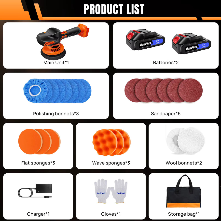 DayPlus Akku-Autopuffer-Poliermaschinen-Set mit Digitalanzeige in Orange, inklusive 2 Akkus und 6 Geschwindigkeiten - Bild 5