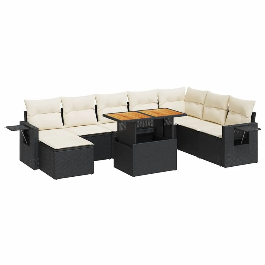 vidaXL 9-tlg. Garten-Sofagarnitur in L-Form aus Poly-Rattan und Akazienholz mit Kissen in Schwarz-Creme - Bild 2