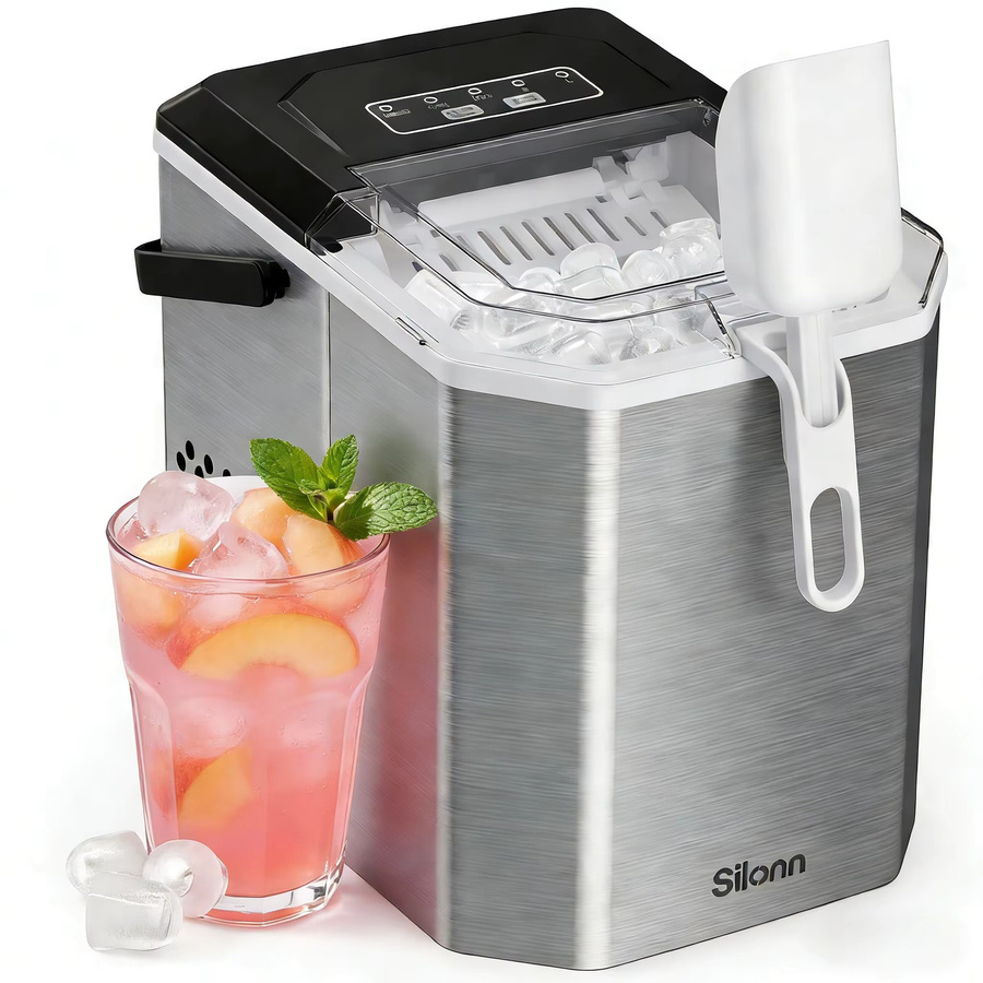 Silonn Eiswürfelmaschine in Silber mit Tragegriff, kompakt und selbstreinigend, 2 Eisgrößen, ideal für Küche, Büro und Partys - Bild 5