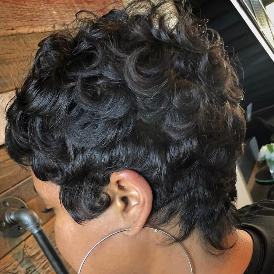 OYM HAIR Echthaar-Perücke, Pixie-Schnitt, lockig, mit Pony - Bild 2
