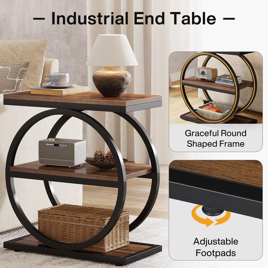 Tribesigns 3-stöckiger Beistelltisch im Industrial-Design aus Holz und Metall, Farbe: Braun/Eiche mit schwarzem Rahmen - Bild 2