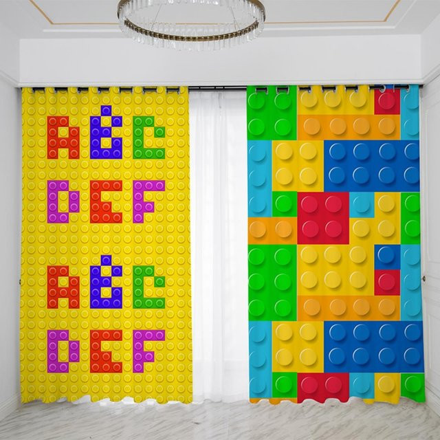 Yiran Furniture Dekorationsvorhang mit Cartoon Baustein Muster für Kinderzimmer und Kindergarten, halbtransparent, Polyester, Mehrfarbig, Höhe: 130 cm - Bild 1
