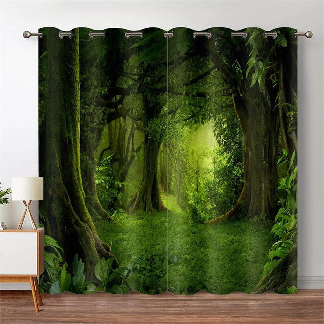 Wald Dschungel und Wasserfall Motiv Vorhänge mit Natur-Landschaft, 2er-Set, Grün, halbtransparent, Breite: 60 cm, Höhe: 60 cm - Bild 1