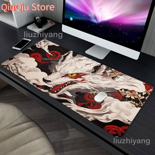 Potdemiel Mauspad mit Wolfs-Design in Multicolour, XXL Schreibtischunterlage aus Gummi mit rutschfester Unterseite und genähten Kanten - Bild 1
