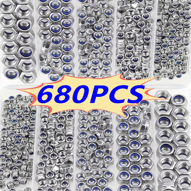 AGASHE 680 Stück Anti-Lock-Sechskantmuttern in Silber, rutschfeste Vollgewinde-Befestigungselemente M3 M4 M5 M6 M8 M10, bright finish - Bild 1
