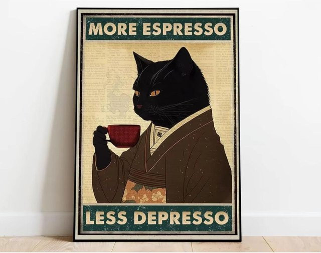 Retro Metall Blechschild CIFbuy Mehr Espresso Weniger Depresso mit Schwarzer Katze, Farbe: Schokoladenbraun, Breite: 15 cm, Höhe: 20 cm - Bild 1