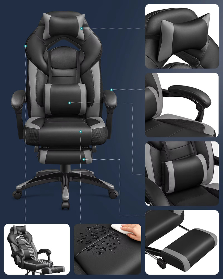 SONGMICS Gamingstuhl Ergonomisch in Grau-Schwarz mit Kopfstütze und Armlehnen - Bild 7