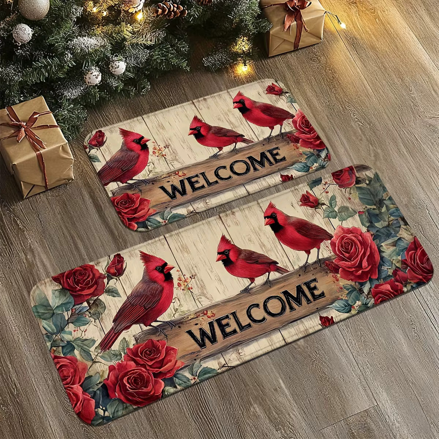 VIKAMA Rutschfeste Fußmatten mit Weihnachtsmotiv Kardinalen und Rosen in Multicolour für Küche und Badezimmer - Bild 4