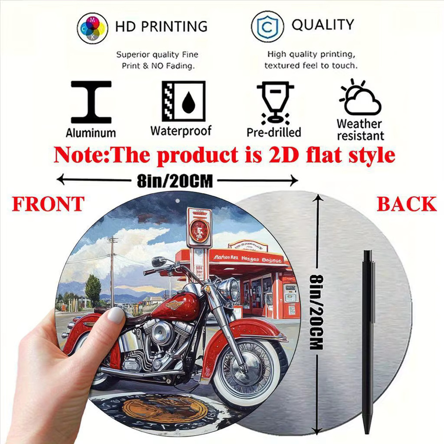 Potdemiel Davidson Motorrad & Vintage Tankstelle Aluminium Wandkunst, rundes Retro-Americana-Dekor aus Metall, Mehrfarbig, Durchmesser: 20,32 cm - Bild 2