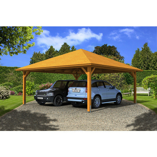 Skan Holz Carport Taunus in Eiche Hell, B/T: 634 x 634 cm, Firsthöhe: 380 cm, farbbehandelt braun - Bild 2