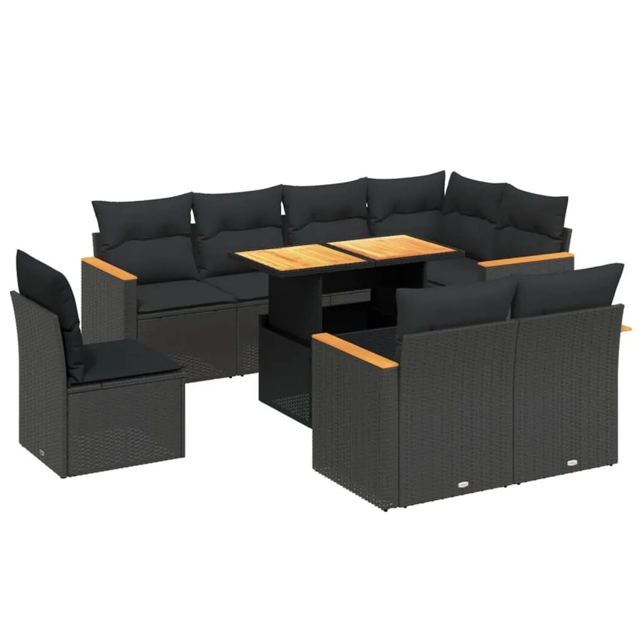 vidaXL 9-teilige Garten-Sofagarnitur in L-Form aus Poly-Rattan und Akazienholz mit Kissen in Schwarz - Bild 2