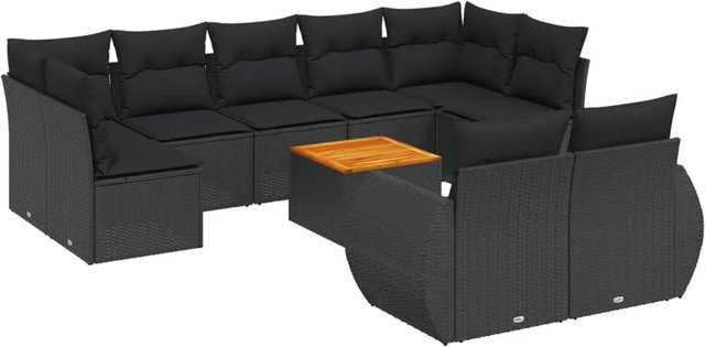 vidaXL 10-tlg Garten-Sofagarnitur in L-Form aus Polyrattan mit Kissen, Schwarz - Bild 1