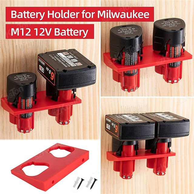 Milwaukee Batteriehalter für 12 V Li-Ionen-Akkus mit 2 Hohlräumen zur Wandmontage in Rot - Bild 1