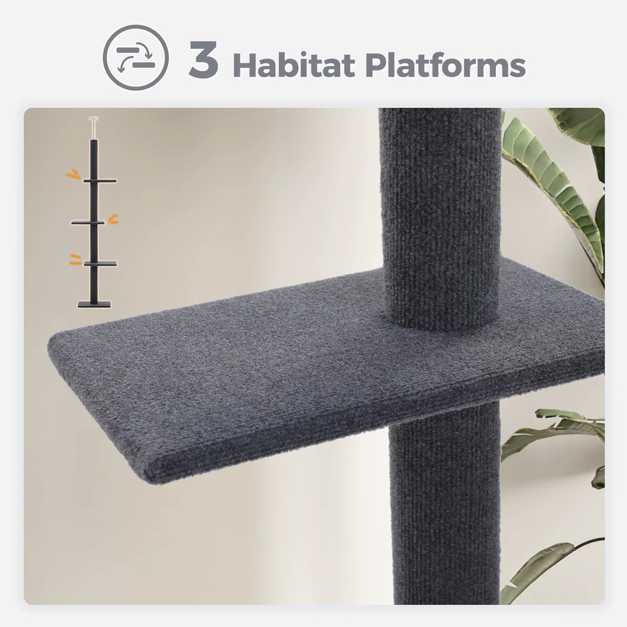 PEQULTI Höhenverstellbarer Katzenbaum in Grau mit 3 Wohnplattformen und 4 Kratzstämmen, Boden-bis-Decke Katzenturm - Bild 3