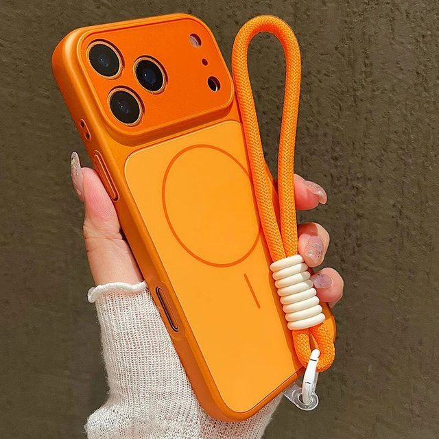 Apple Handyhülle mit magnetischem Armband und Trageschlaufe in mattem Design für iPhone 17 16 15 14 13 Pro Max, Farben: Schwarz und Orange - Bild 1