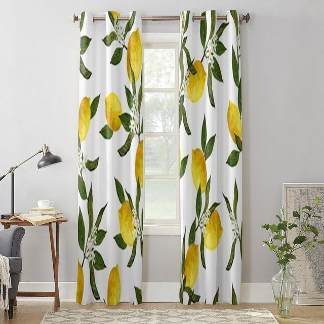 Super Six Vorhang mit Zitronen und Blumen Motiv in Weiß, semi-transparent, B: 135 cm, H: 115 cm - Bild 1