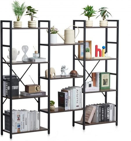 VEVOR Triple Metal Bookshelf im Industrial Design, 11-stufiges Standregal aus Metall in Schwarz, großes Vintage Bücherregal mit offenen Ablagen für Wohnzimmer, Schlafzimmer und Büro, B/T/H: 158 x 26 x 30 cm - Bild 1