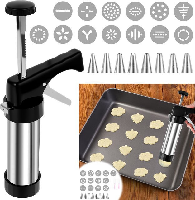 Edelstahl Cookies Press Kit in Silber mit Rohrdüsen und Plätzchenscheiben als Churro Maker Maschine für deine DIY Weihnachtsplätzchen - Bild 1