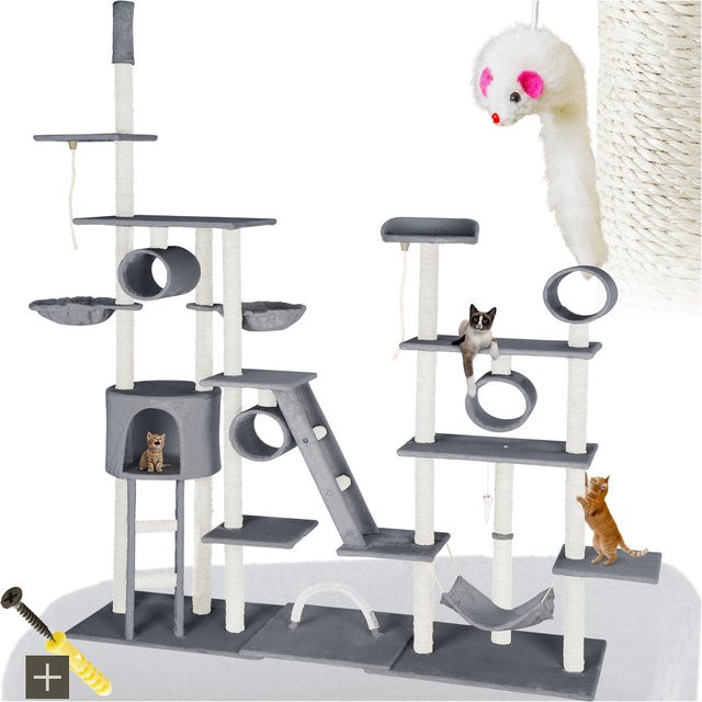 tectake Kratzbaum mit Höhle, Hängematte und Spielzeug aus Sisal, Grau, B/T/H: 70 x 70 x 234 bis 261 cm - Bild 1