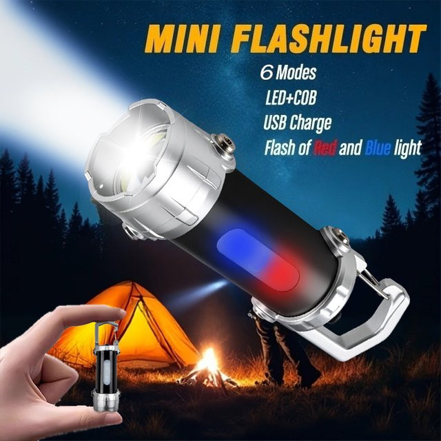 BALDR Mini-Schlüsselanhänger-Taschenlampe mit COB-Arbeitslicht und Haken, wiederaufladbar, Farbe: Silber - Bild 1
