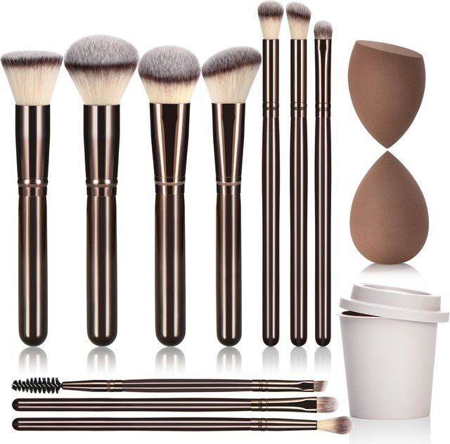 10-teiliges Make-up-Pinsel-Set mit Holzgriffen und Schwämmen, Damen, Kaffeebraun - Bild 1