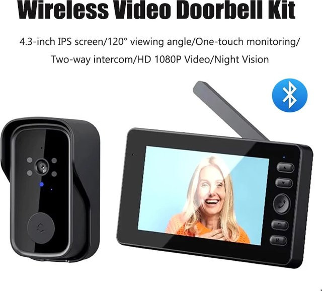 Luxuglow Drahtlose Video-Türklingel mit 4,3 Zoll IPS-Bildschirm, 1080P HD-Video, Zwei-Wege-Gegensprechanlage und Nachtsicht, Schwarz, Wasserdicht - Bild 1