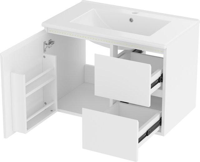 NK Space Wandhängender Badezimmerschrank in Weiß mit integriertem Keramikwaschbecken, LED-Beleuchtung und Radarsensor sowie zwei Schubladen, B/T/H: 76 x 46 x 50 cm - Bild 1