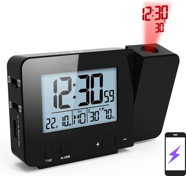 Meterk Projektionswecker für das Schlafzimmer mit Thermometer und Hygrometer, digitale Deckenuhr mit dimmbarem LED-Display in Schwarz - Bild 1