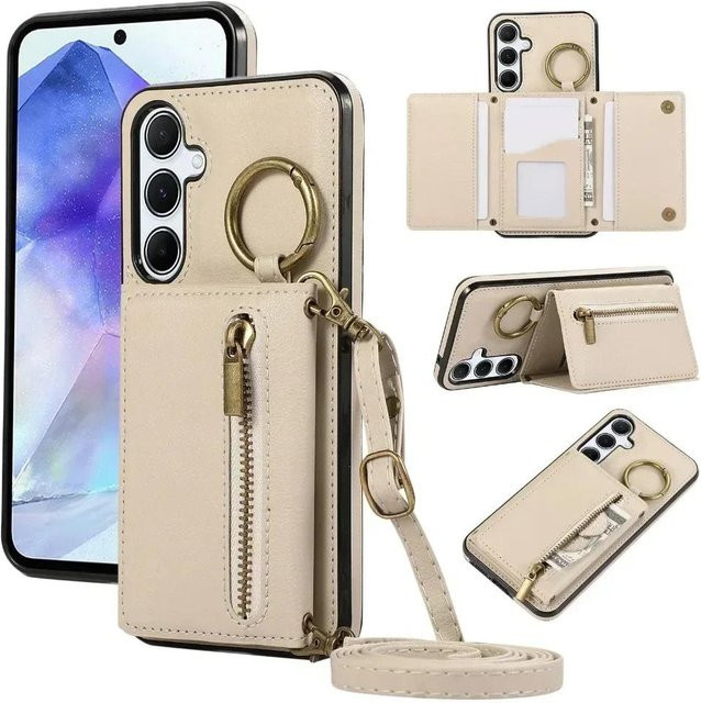 Samsung Crossbody-Kartenhalter und Brieftaschenetui aus Leder in Beige für Galaxy S25 Ultra S24 S23 FE S22 S21 Plus A06 A26 A16 A36 A56 A35 A55 - Bild 1