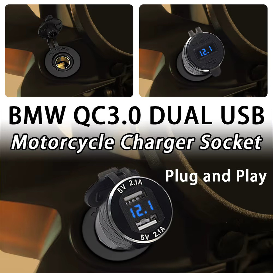 Motorrad USB-Ladegerät mit Voltmeter für BMW, Dual USB-A und USB-C QC3.0 Ladestation, DIN-Adapter-Steckdose in Schwarz, wasserdicht und Plug-and-Play - Bild 2
