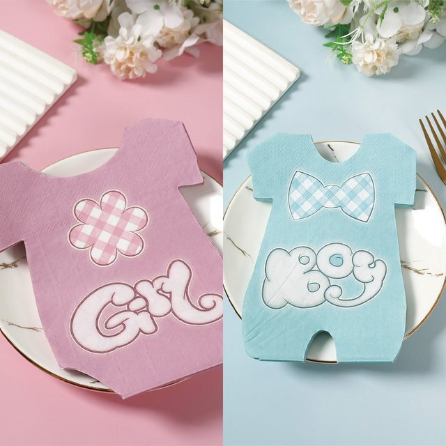 PATIMATE Party Servietten in Rosa und Blau mit Babykleidung-Motiv für Gender Reveal Partys, 20 Stück - Bild 1