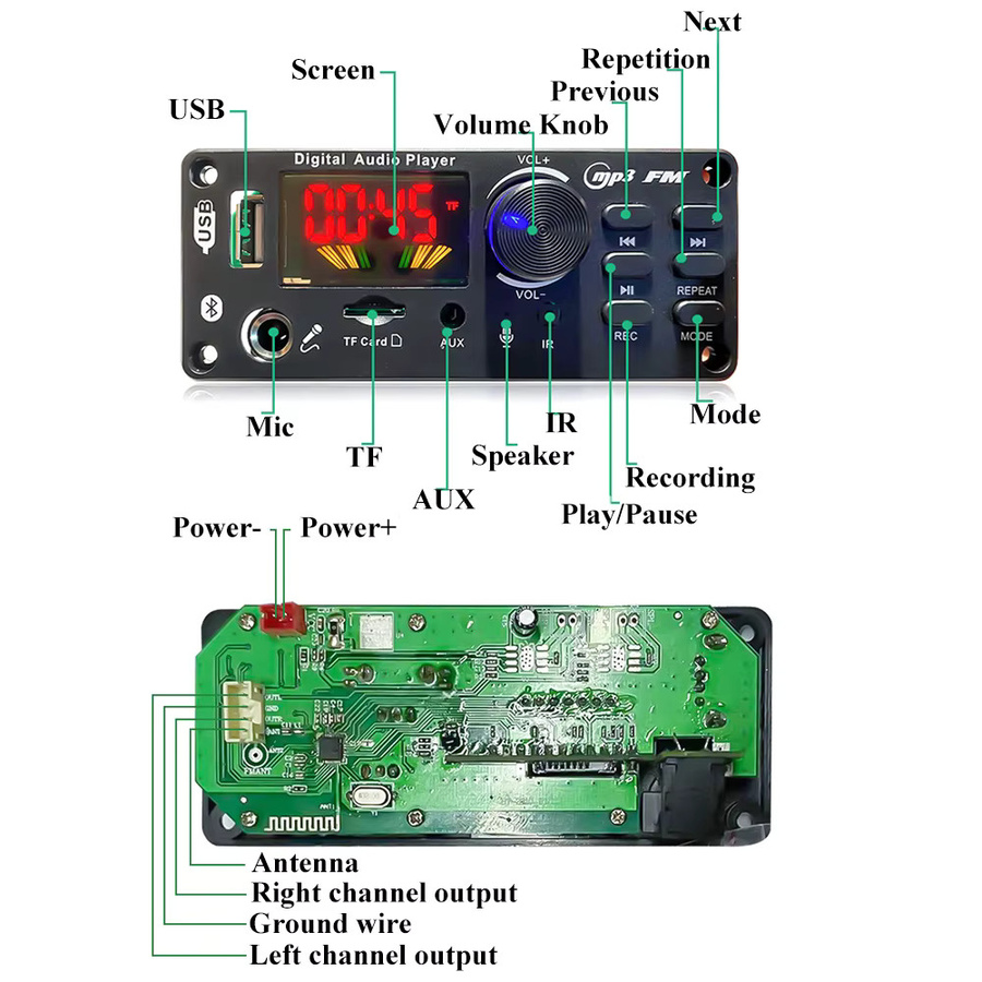 KEBIDU 80W Bluetooth Verstärker Modul mit FM-Radio, MP3-Player, USB und Mikrofon-Aufnahmefunktion in Schwarz - Bild 5