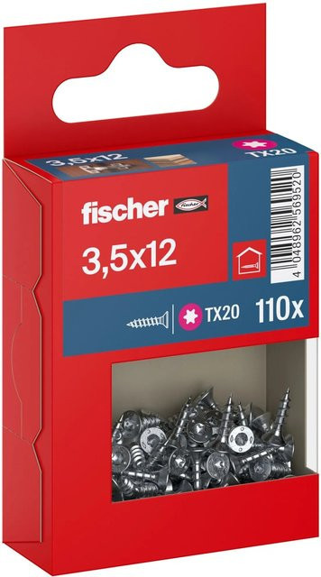 Fischer PowerFast II Senkkopf Schraube mit Torx-Antrieb und Vollgewinde aus verzinktem Stahl, Farbe: Silber, Durchmesser: 3,5 mm, Länge: 12 mm, 110 Stück - Bild 1