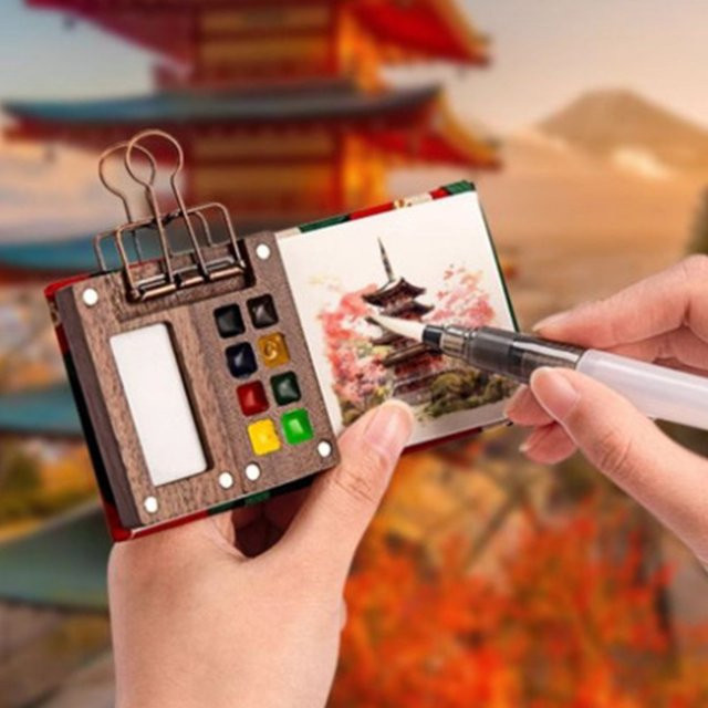 CHENJ Mini-Aquarellpalette aus Walnussholz in Braun, tragbare Farbbox mit Clip für Reisen und Malerei - Bild 1