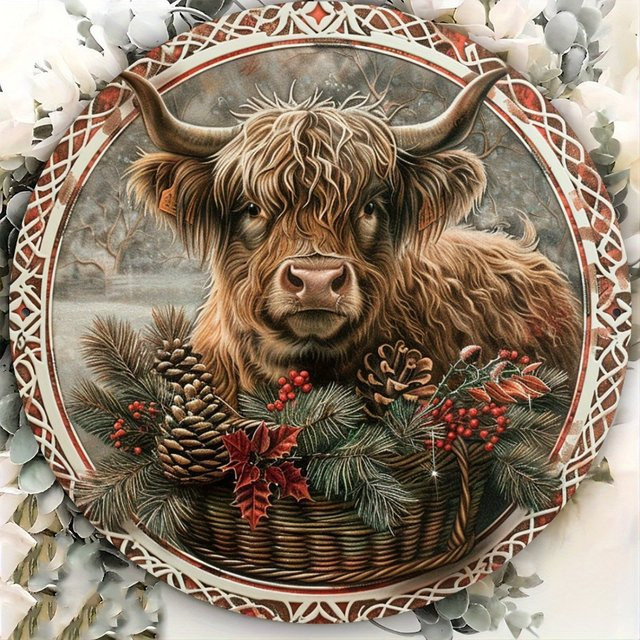 Potdemiel Rustikales Hochlandkuh-Weihnachtskranzschild aus Aluminium in Braun, Durchmesser: 20,3 cm - Bild 1