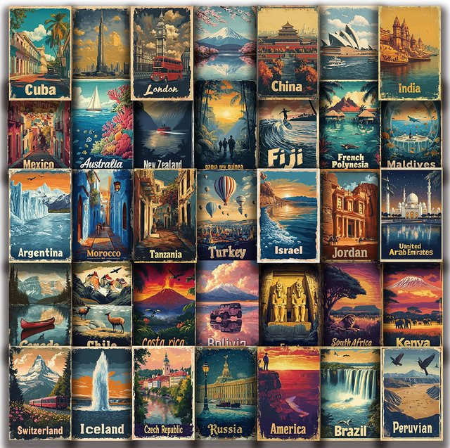 Charile Retro Welt Berühmte Wahrzeichen Reise Poster Aufkleber, Multicolor, Paper - Bild 1