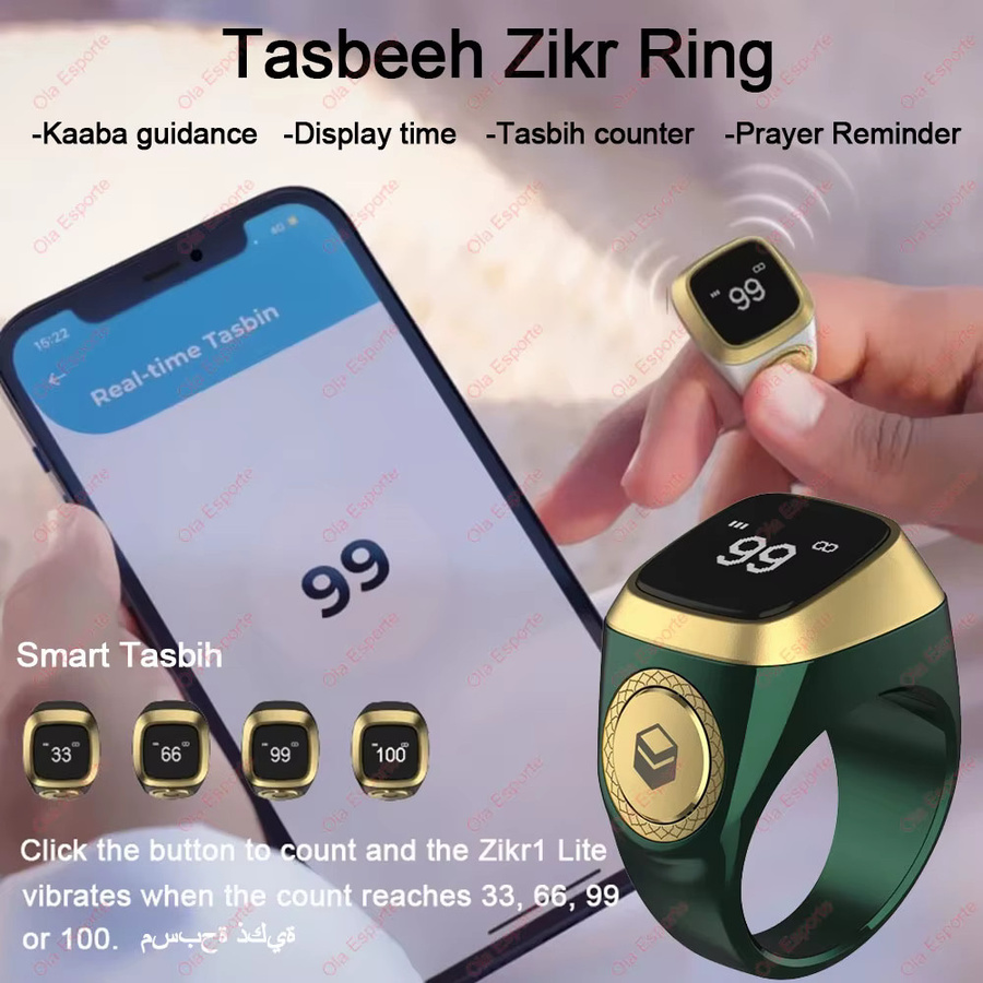 Ola Esporte Qibla Smart Zikr Ring – Elektronischer digitaler Gebetszähler für Muslime mit Vibrationsalarm für 5 Gebetszeiten, wasserdicht, Farbe: Rot/Gold, Unisex - Bild 1