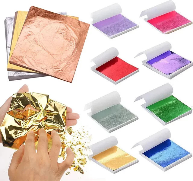 100 Stück Blattgold Ersatz Folienblätter in Gold, Silber und Rot für DIY Handwerk, Malerei und Nail Art, Größe: 8 x 8,5 cm - Bild 1