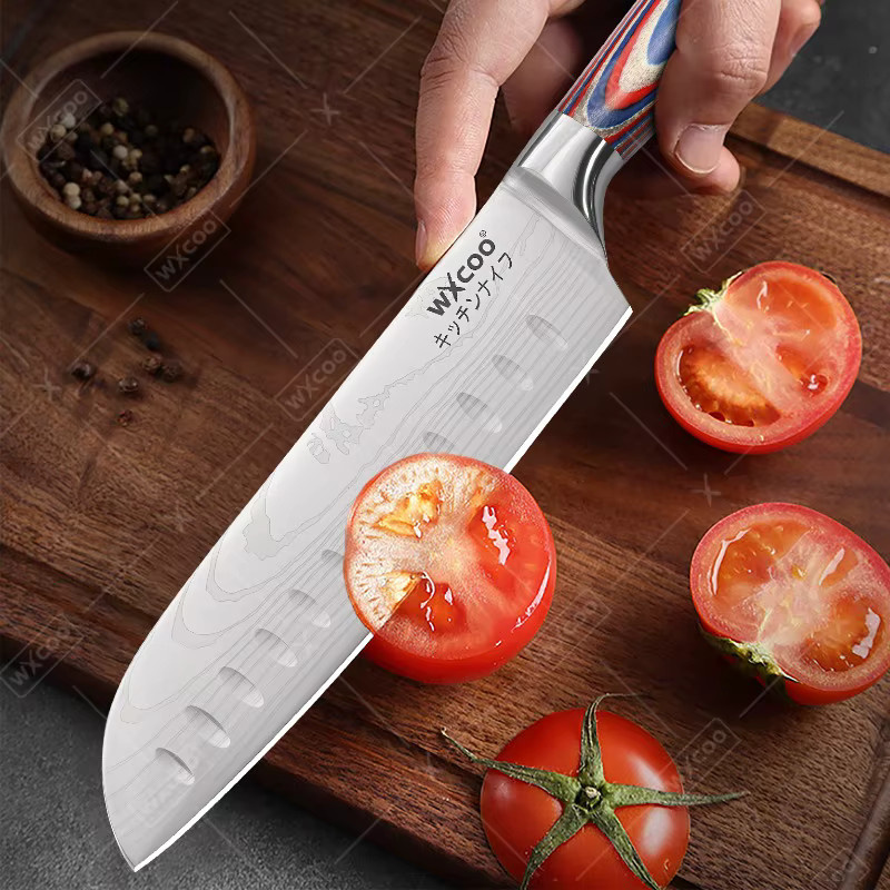 WXCOO Santoku-Messer aus japanischem VG10-Stahl mit Holzgriff, 17,78 cm, Mehrfarbig - Bild 3