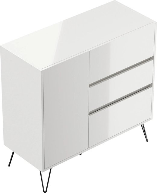 Posseik Sideboard Industrial in Weiß Hochglanz mit 3 Schubladen und 1 Tür, Breite: 100 cm - Bild 1