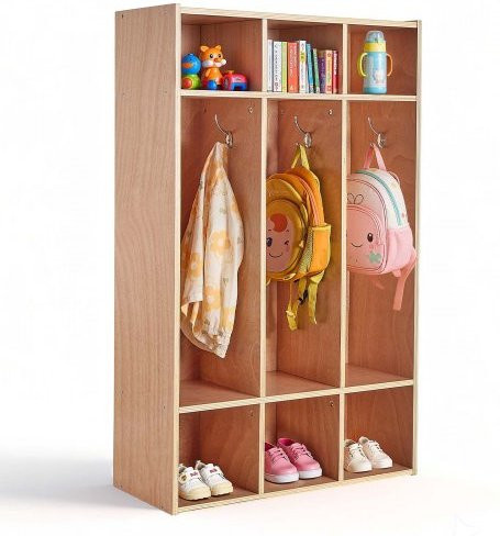 VEVOR Kinderkleiderschrank aus Sperrholz in Braun mit 6 Haken und 9 Fächern als Garderobenregal für Kinderzimmer, Kindergarten und Kita - Bild 1