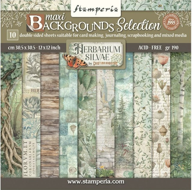 Stamperia Scrapbook-Block Herbarium Silvae Backgrounds in Grün, Braun und Beige - Bild 1