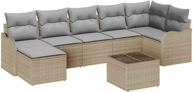 vidaXL Garten-Sofa-Set 8-teilig aus Poly Rattan in Beige und Hellgrau mit Kissen und Tisch - Bild 1