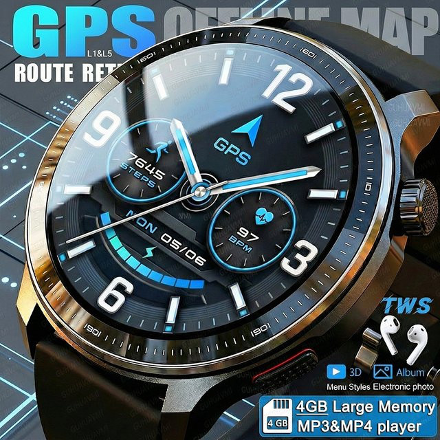 GUHUAVMI Smartwatch für Herren mit GPS Offline-Karten, 1,43 Zoll AMOLED Display, TWS MP3 & MP4 Player, Kompass und wasserfestem Sportarmband in Schwarz und Rot - Bild 1
