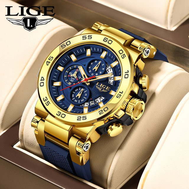 LIGE Chronograph, Armbanduhr, Quarz, Edelstahl, Gold, Blau, Herren - Bild 1