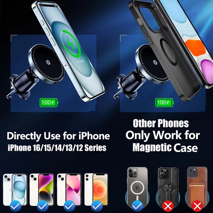 UYUXIO Magnetisches kabelloses Autoladegerät mit 15 W Schnellladung und Air Vent Halterung in Schwarz für iPhone 17 16 15 14 13 12 Pro Max - Bild 3