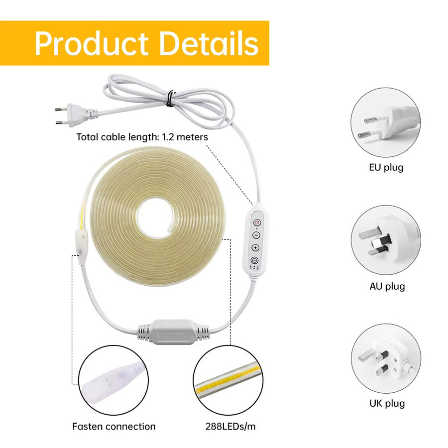 Asign COB-LED-Streifenlicht mit 288 LEDs/m, dimmbar, IP65 wasserdicht, 220 V, Weiß, inklusive Timer und Netzteil - Bild 2