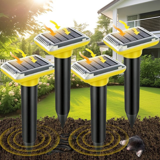 4er-Set SAIJZEK Solar-Ultraschall-Rattenvertreiber mit Erdspieß in Gelb für Rasen, Garten und Hof - Bild 1