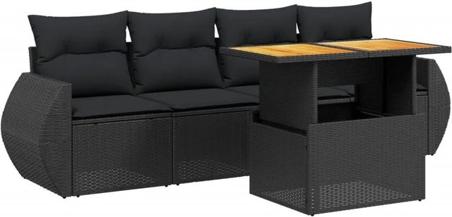 vidaXL 5-teilige Garten-Sofagarnitur aus Polyrattan in Schwarz mit Kissen und Tisch - Bild 1