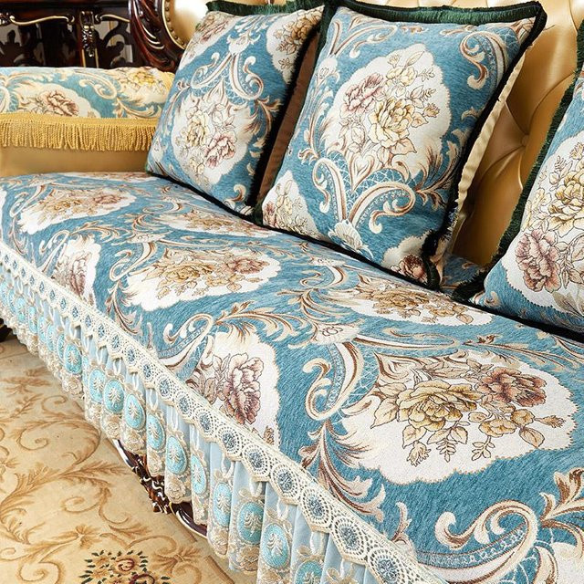 Yiran Furniture Sofabezug im Retro-Stil mit floralem Jacquard-Muster, Blau, Breite: 55 cm, Tiefe: 60 cm - Bild 1